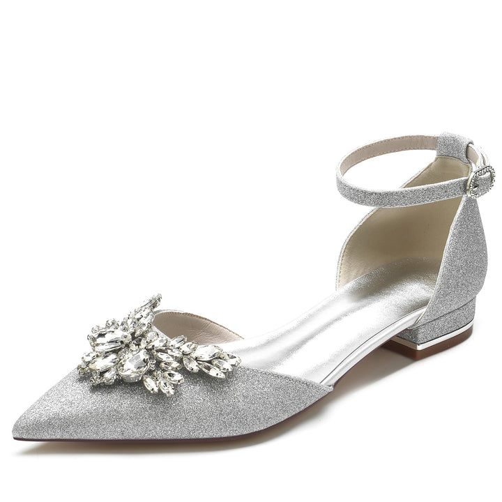 Chaussures de Mariage pour Femmes, Chaussures de Mariée à Bout Pointu et à Paillettes avec Strass et Bride à la Cheville
