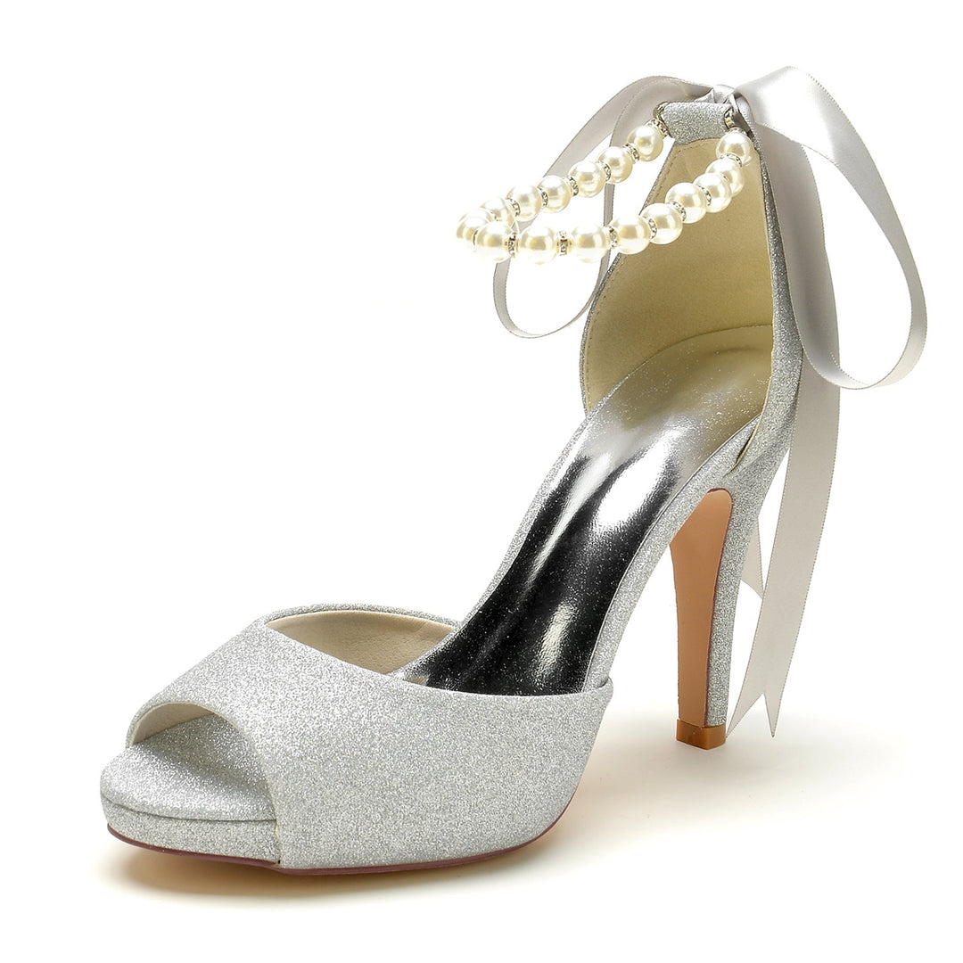 Chaussures de Mariage pour Femmes, Chaussures de Mariée à Talons Hauts, Nœud à Paillettes, Bout Ouvert, Boucle en Perles