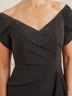 Robe de Mère de la Mariée Fourreau/Colonne à Col en V avec Perles, Fente Sur le Côté et Volants