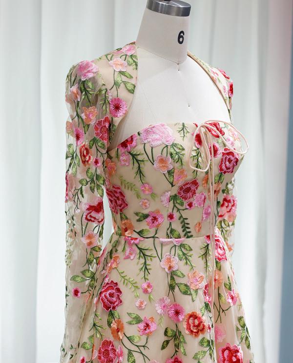 Robe de Soirée Longue Formelle à Manches Longues et Col en V, Coupe Princesse, Longueur Au Sol