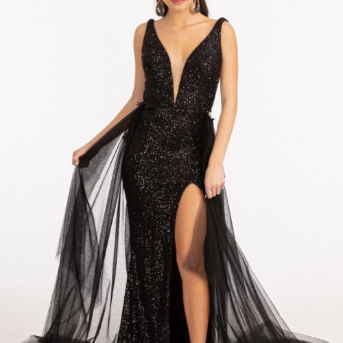 Robe de Bal Longue Fourreau/Colonne à Col en V Sans Manches, Longueur Au Sol, avec Paillettes Latérales Fendues