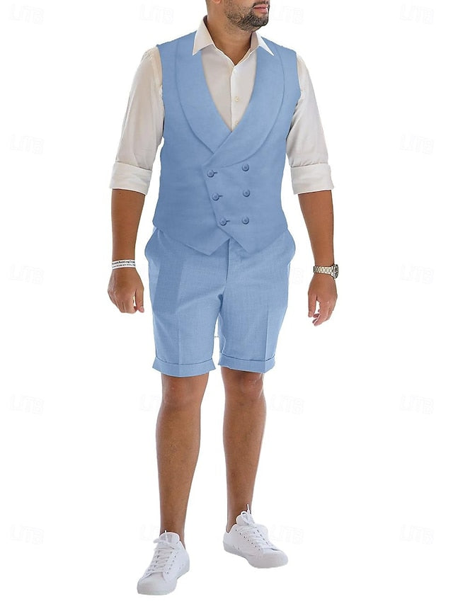 Costumes 2 Pièces en Lin à Coupe Ajustée pour Hommes, Croisés, à Six Boutons