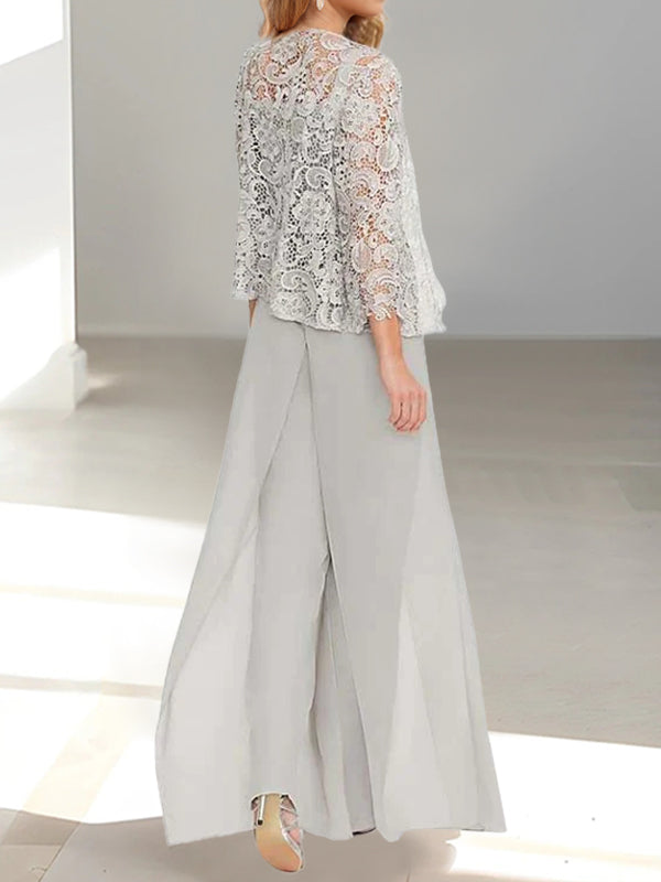 Tailleur-Pantalon en Mousseline à Col Carré et Longueur Au Sol pour Mère de la Mariée avec Veste et Fente Sur le Côté