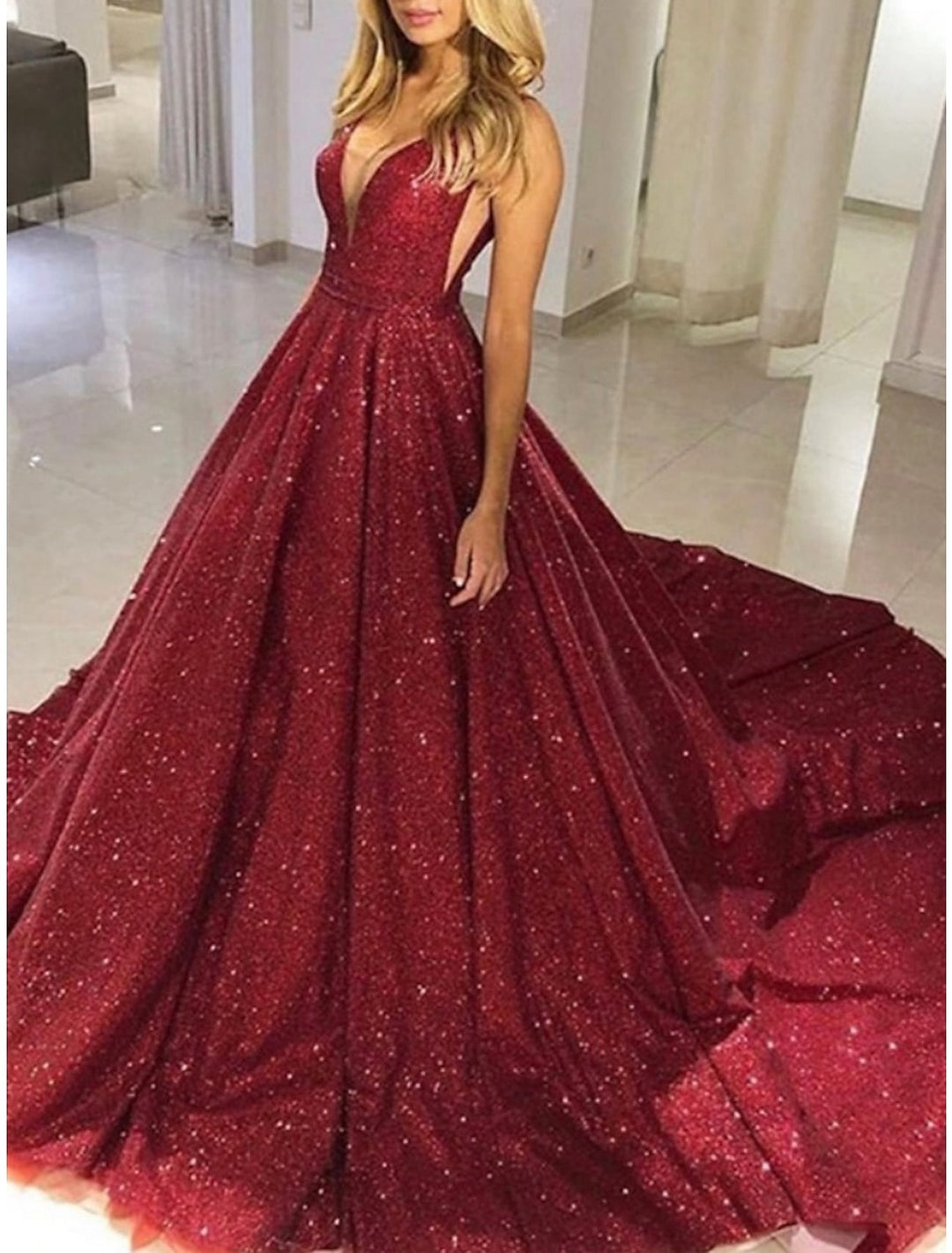 Robe de Bal Longue Sans Manches à Col en V et Ligne A/Princesse avec Paillettes