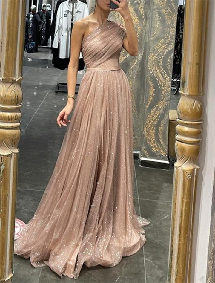 Robe de Bal Longue à Une Épaule, Coupe A-Line/Princesse, avec Paillettes