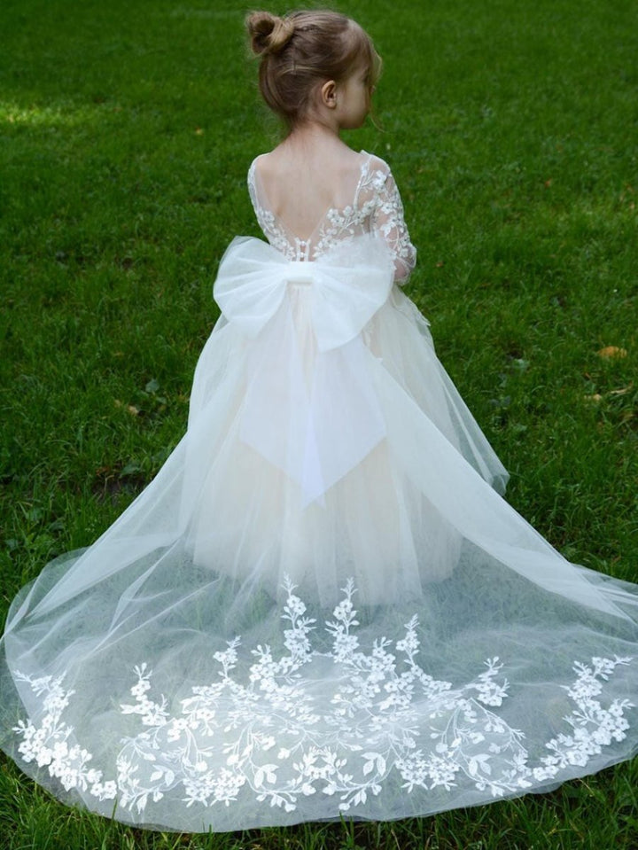 Robe de Bal à Col Rond et Manches Longues pour Demoiselle D'Honneur avec Appliques