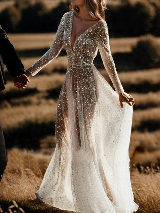 Robe de Mariée A-Line/Princess à Paillettes et Manches Longues et Col en V