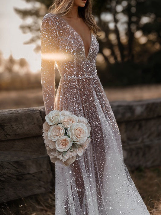 Robe de Mariée A-Line/Princess à Paillettes et Manches Longues et Col en V
