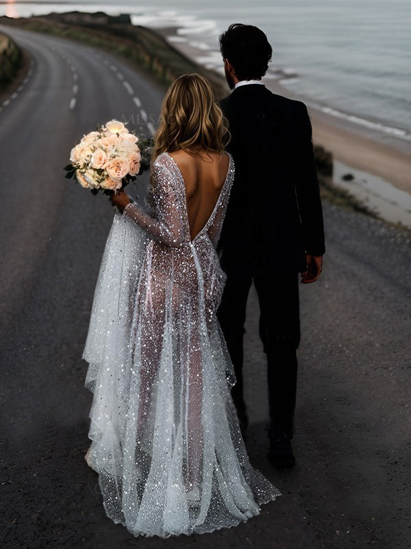 Robe de Mariée A-Line/Princess à Paillettes et Manches Longues et Col en V