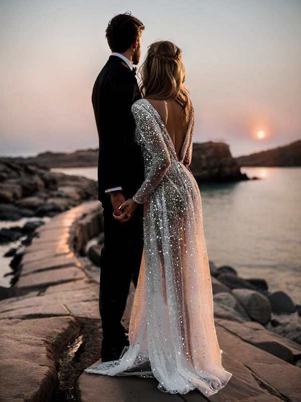 Robe de Mariée A-Line/Princess à Paillettes et Manches Longues et Col en V