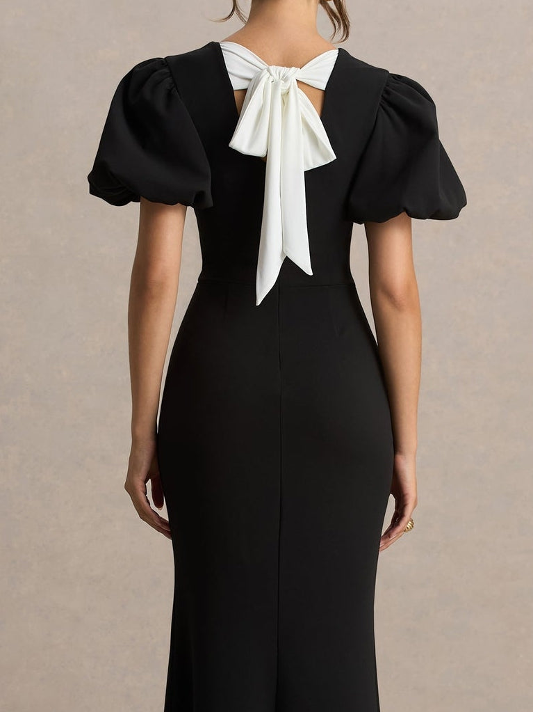 Robe Sirène Longue Noire à Manches Bouffantes avec Détail Nœud