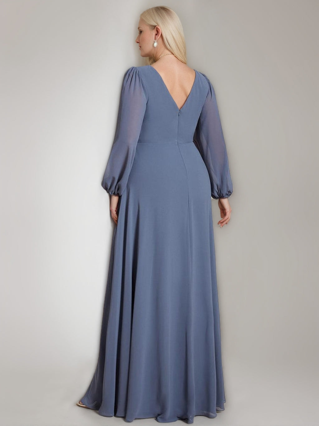 Robe de Soirée Plissée en Mousseline de Soie à Double Col V et Manches Longues avec Ceinture Brillante