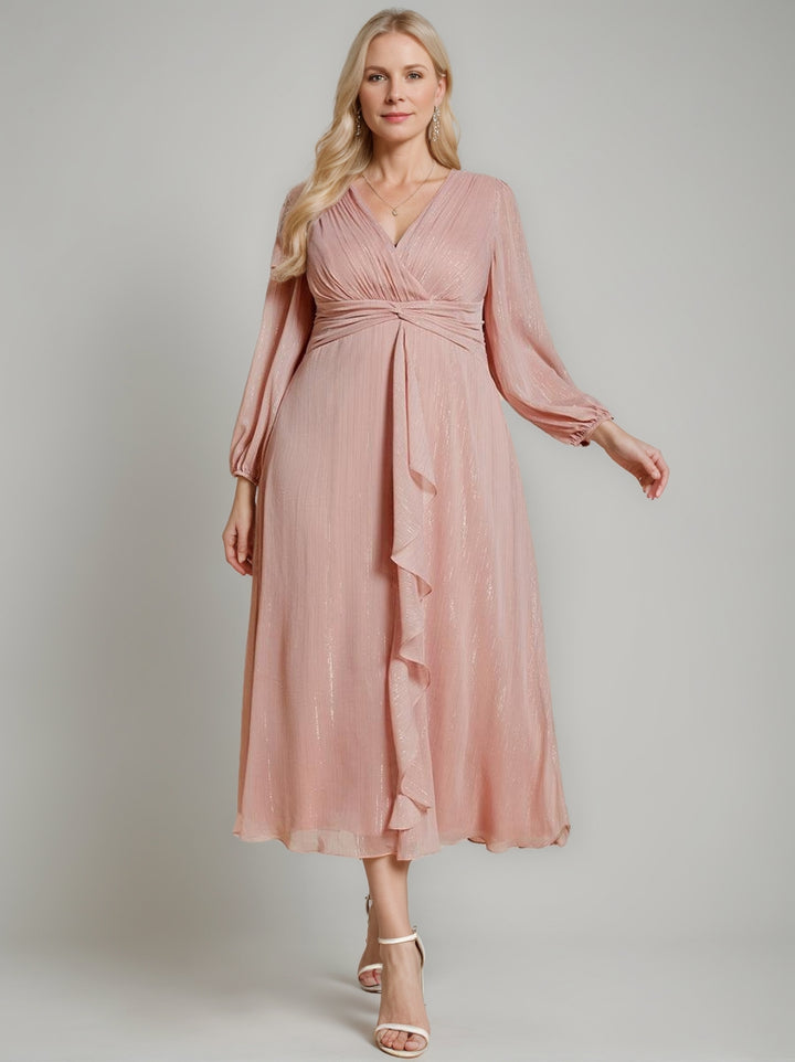 Robe de Soirée Trapèze Scintillante en Mousseline de Soie à Manches Longues, Col en V et Ourlet Volanté