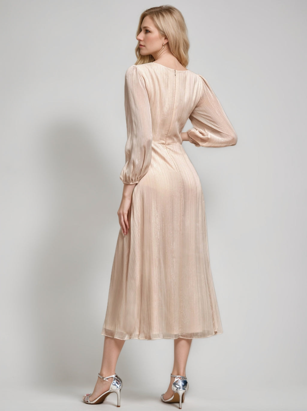 Robe de Soirée Trapèze Scintillante en Mousseline de Soie à Manches Longues, Col en V et Ourlet Volanté