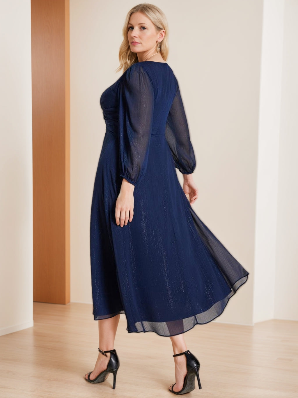 Robe de Soirée Trapèze Scintillante en Mousseline de Soie à Manches Longues, Col en V et Ourlet Volanté