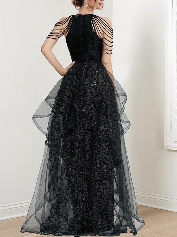 Robe de Bal Longue à Volants et Paillettes, Coupe A-Line/Princess