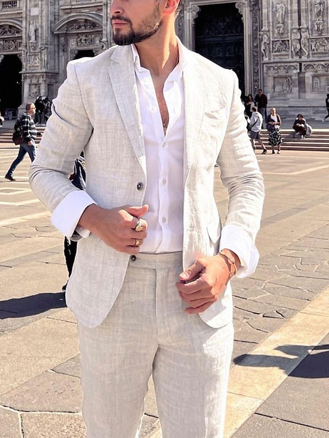 Costumes 2 Pièces en Lin de Couleur Unie à Simple Boutonnage et Deux Boutons pour Hommes, Coupe Ajustée