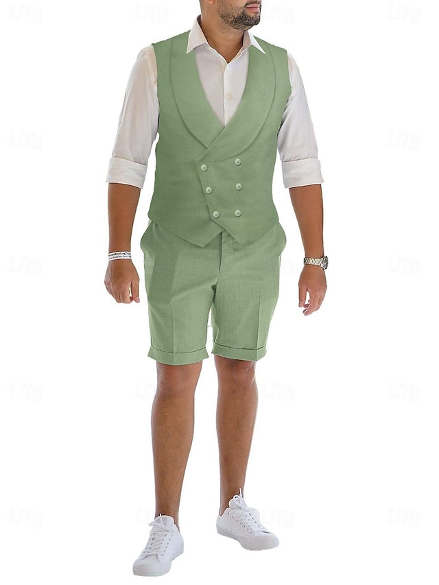 Costumes 2 Pièces en Lin à Coupe Ajustée pour Hommes, Croisés, à Six Boutons