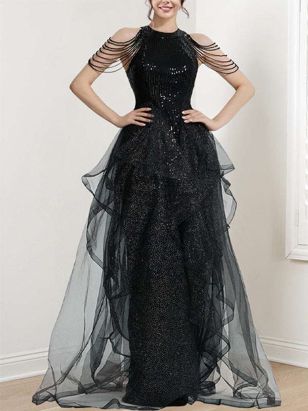 Robe de Bal Longue à Volants et Paillettes, Coupe A-Line/Princess