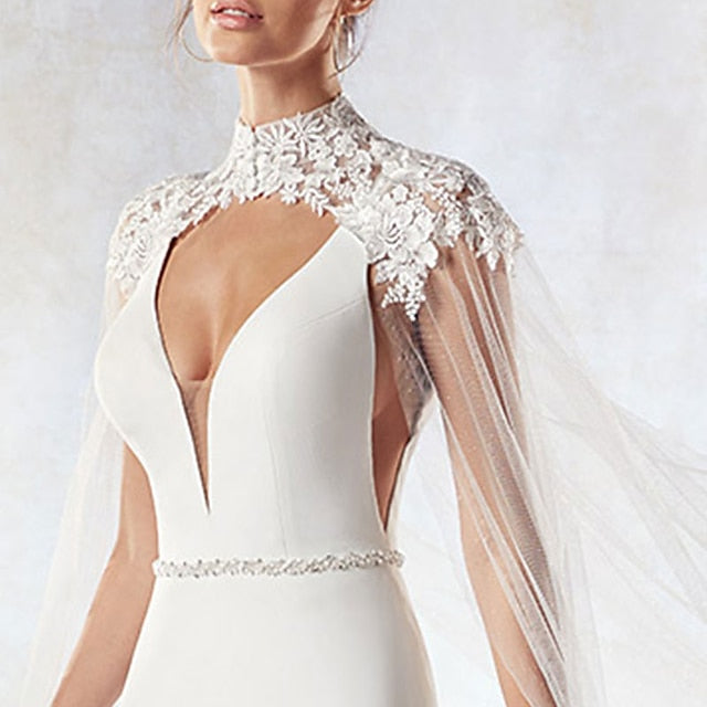Écharpe de Mariage Élégante et Luxueuse en Tulle à Manches Courtes pour Femme avec Appliques
