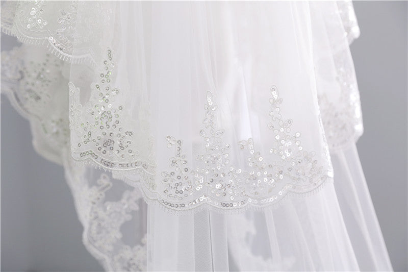 Voile de Mariée Élégant à Deux Niveaux avec Paillettes