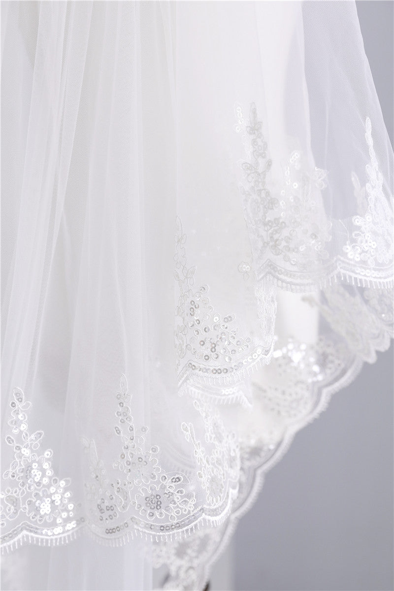 Voile de Mariée Élégant à Deux Niveaux avec Paillettes
