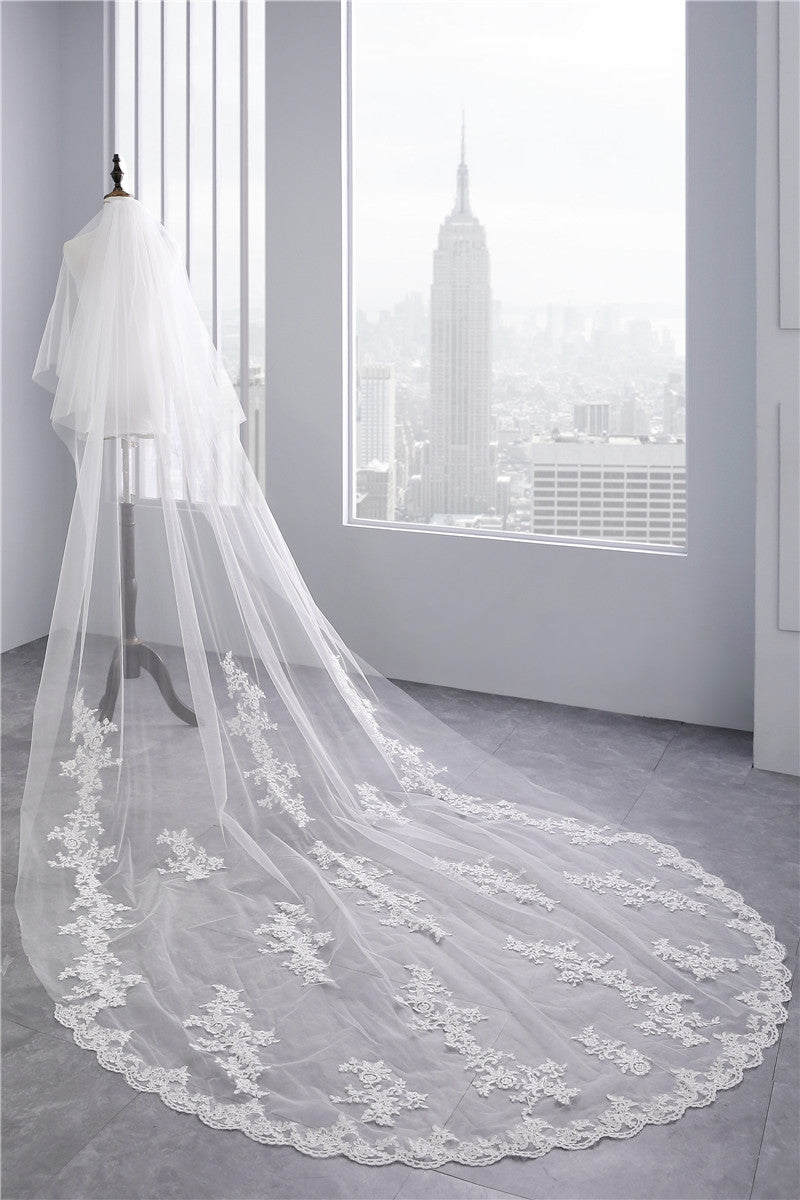 Voile de Mariée Élégant à Deux Niveaux avec Appliques