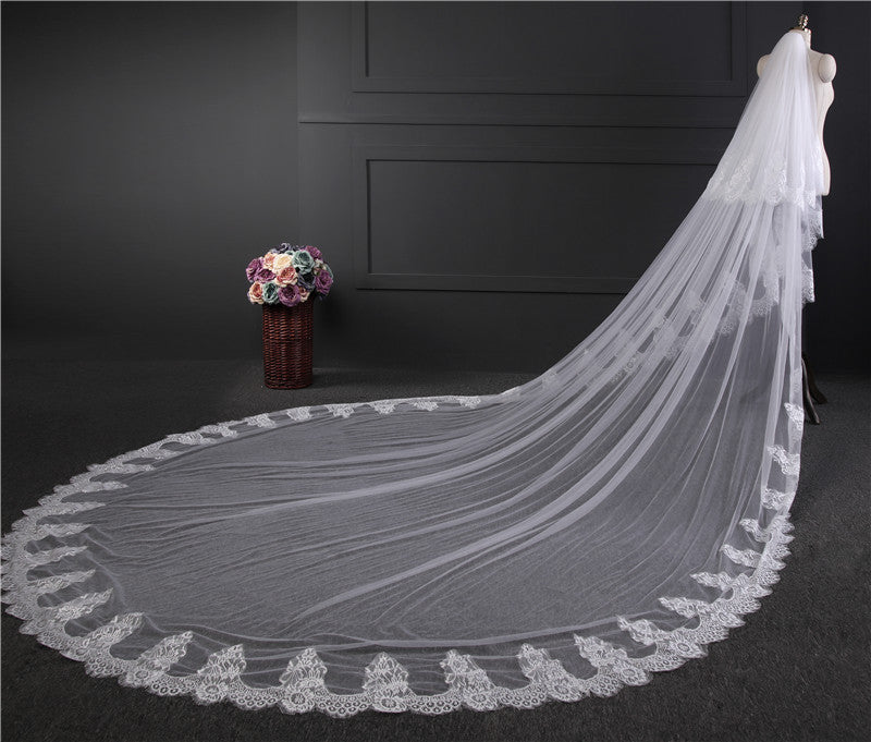 Voile de Mariage en Dentelle à Un Niveau Extra Large de 3 M de Long avec Appliques