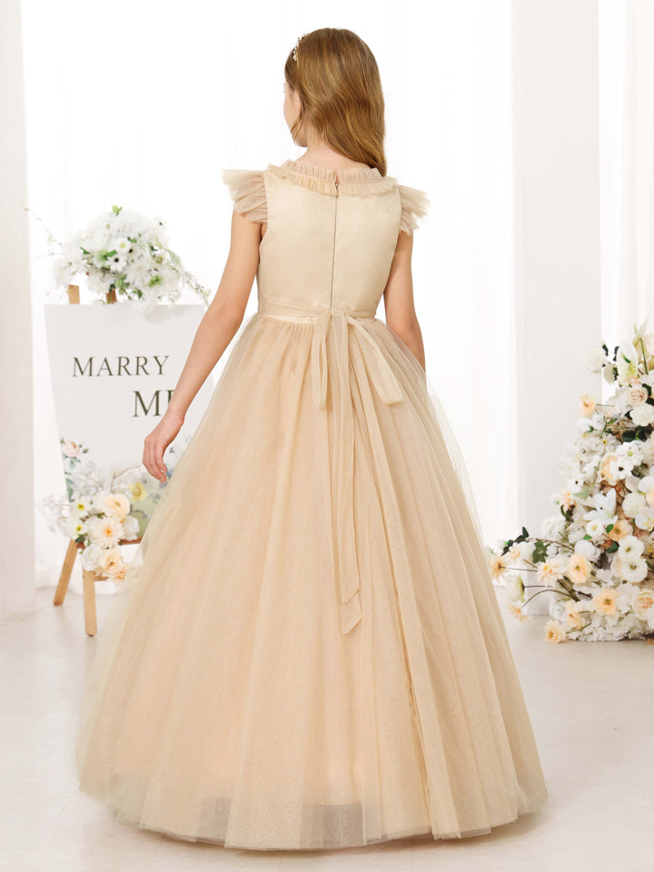 Robe de Bal en Tulle Sans Manches, Col Rond, Longueur Au Sol, Robes de Demoiselle D'Honneur