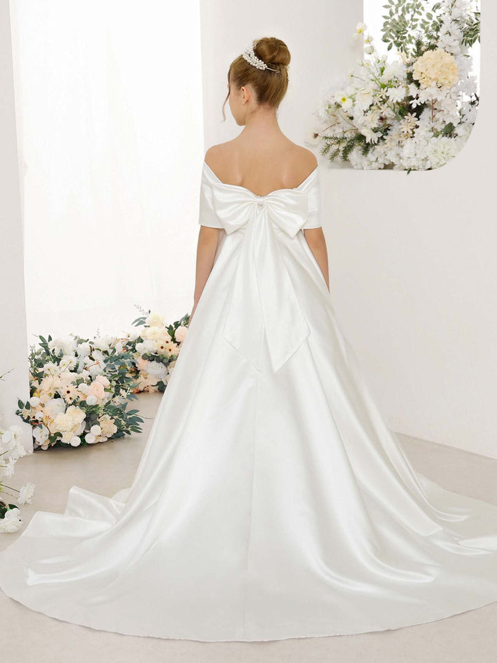 Robe de Demoiselle D'Honneur Empire en Satin à Manches Courtes et Épaules Dénudées