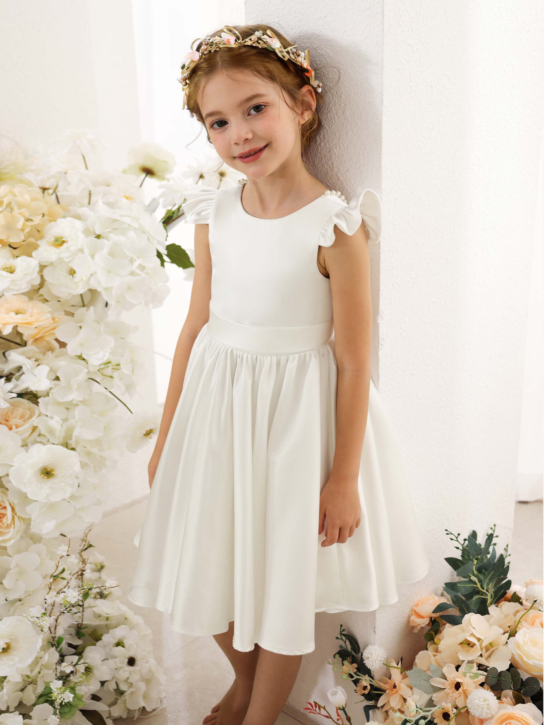 Robe de Demoiselle D'Honneur Mini en Satin à Manches Courtes et Col Rond, Coupe A-Line/Princess