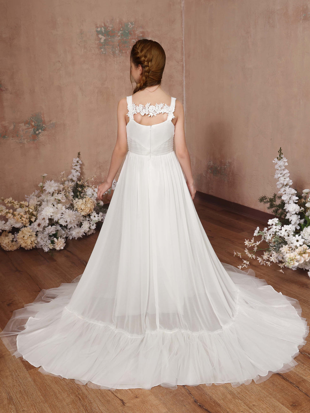 Robe de Demoiselle D'Honneur en Tulle Sans Manches, Coupe Trapèze/Princesse, Col Carré, Longueur Au Sol