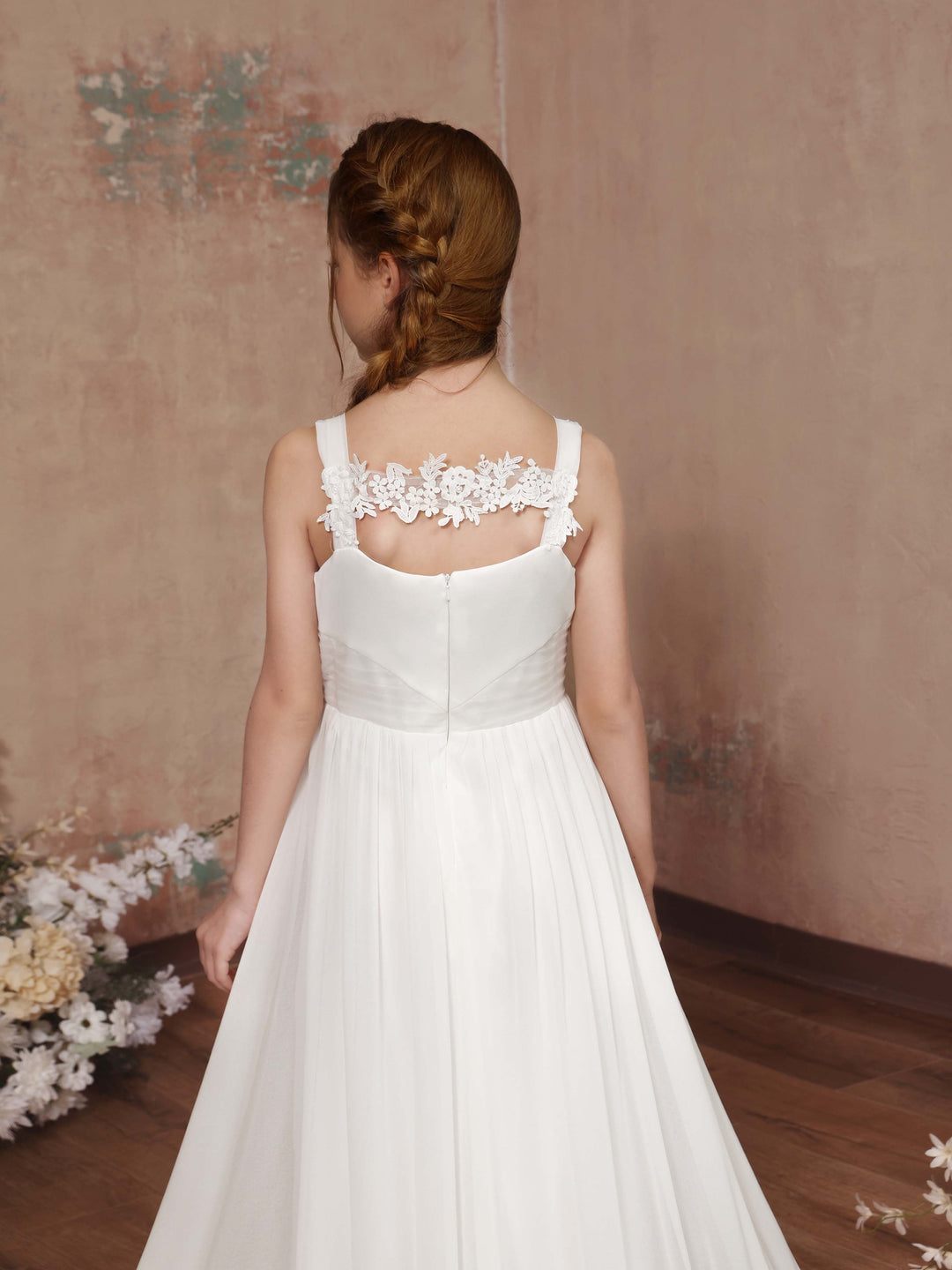 Robe de Demoiselle D'Honneur en Tulle Sans Manches, Coupe Trapèze/Princesse, Col Carré, Longueur Au Sol