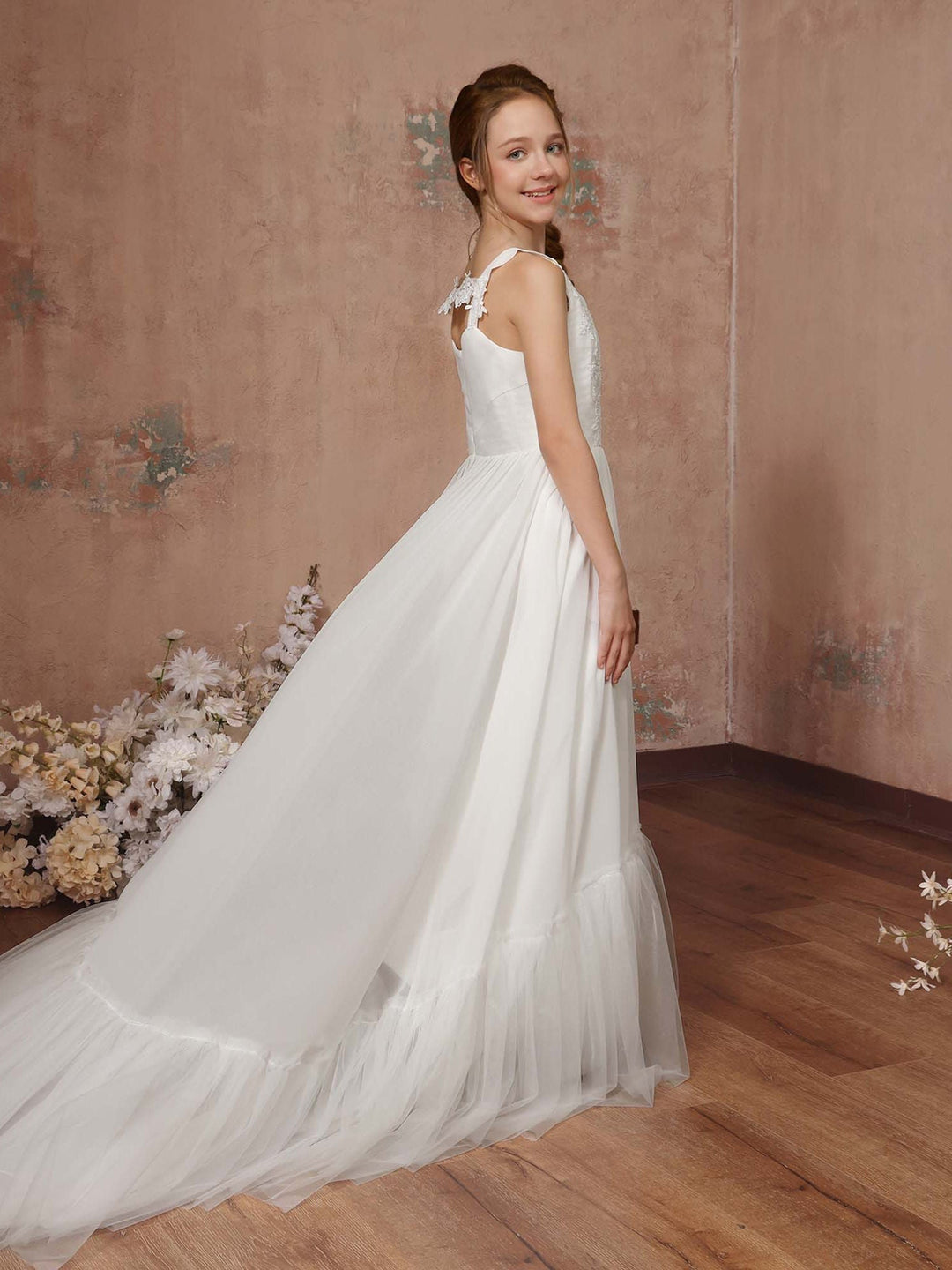 Robe de Demoiselle D'Honneur en Tulle Sans Manches, Coupe Trapèze/Princesse, Col Carré, Longueur Au Sol