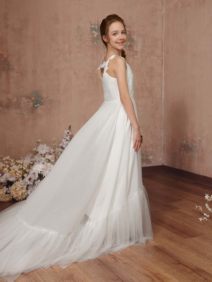 Robe de Demoiselle D'Honneur en Tulle Sans Manches, Coupe Trapèze/Princesse, Col Carré, Longueur Au Sol