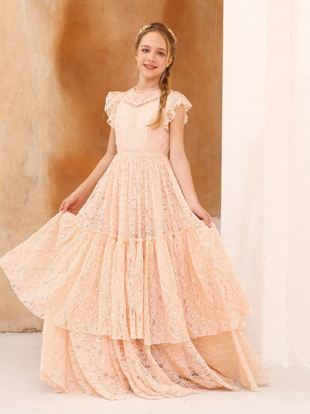 Robe de Demoiselle D'Honneur en Dentelle à Manches Courtes et Col Rond, Coupe A-Line/Princess, Longueur Au Sol