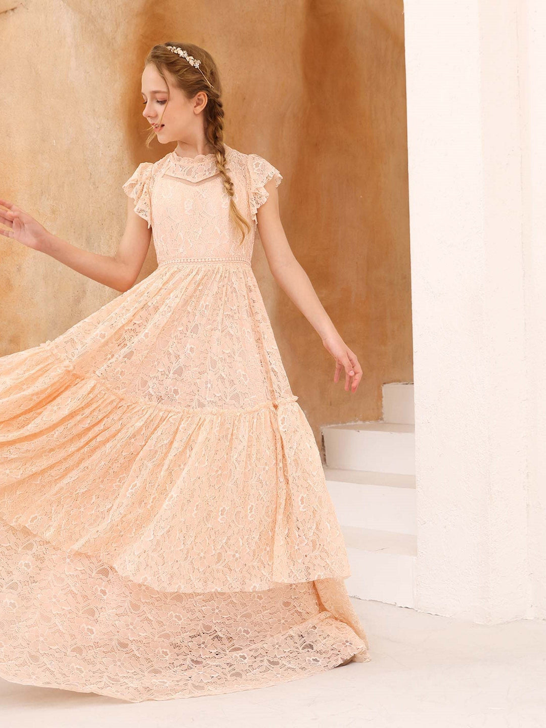 Robe de Demoiselle D'Honneur en Dentelle à Manches Courtes et Col Rond, Coupe A-Line/Princess, Longueur Au Sol