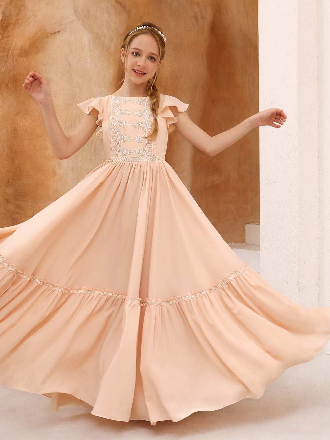 Robe de Demoiselle D'Honneur en Mousseline de Soie à Manches Courtes et Col Rond, Coupe A-Line/Princess, Longueur Au Sol