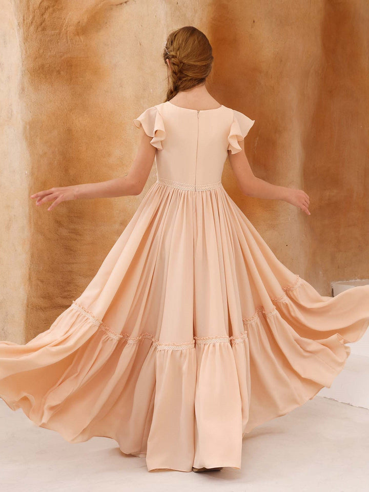 Robe de Demoiselle D'Honneur en Mousseline de Soie à Manches Courtes et Col Rond, Coupe A-Line/Princess, Longueur Au Sol