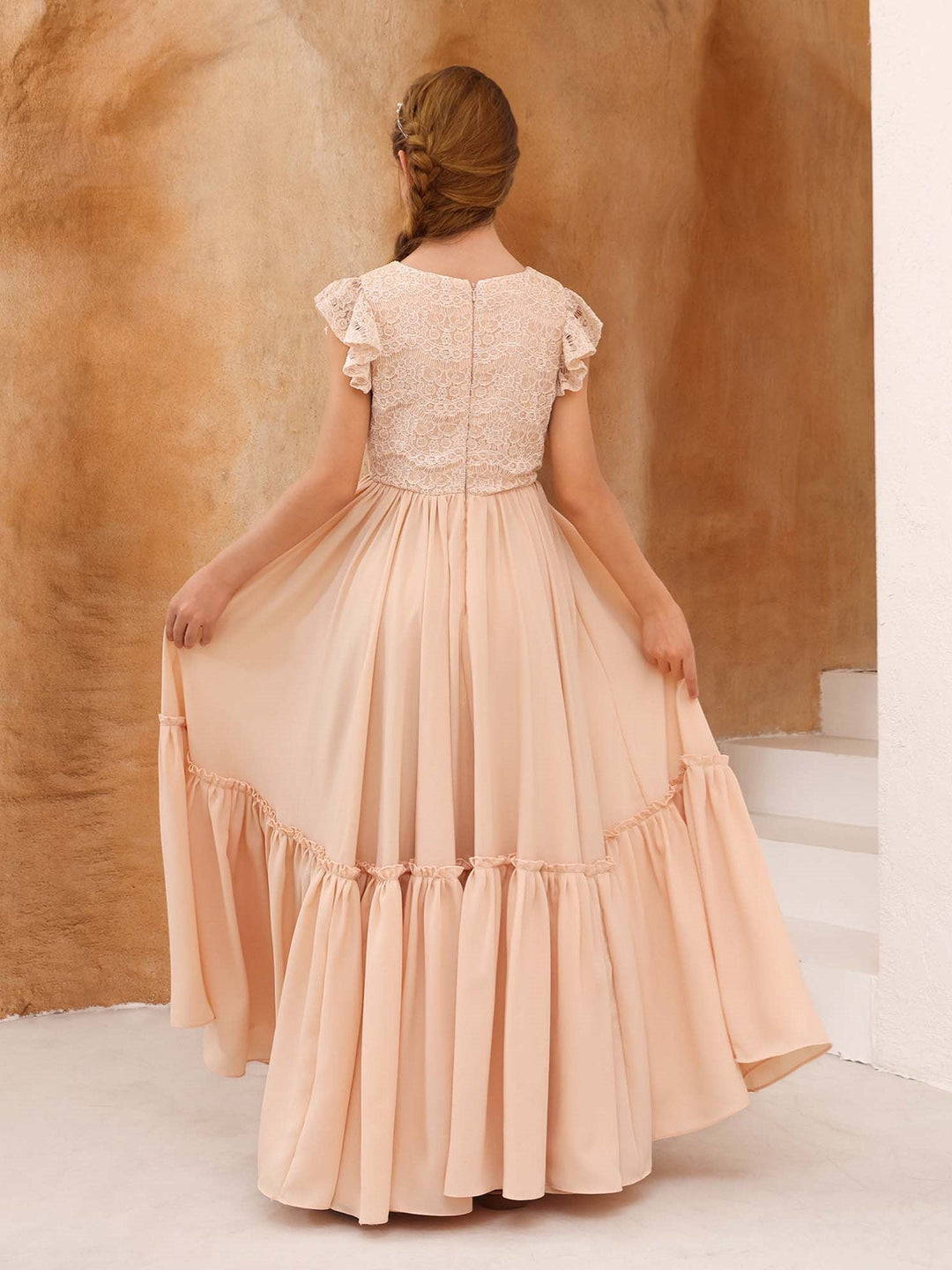 Robe de Demoiselle D'Honneur en Dentelle à Manches Courtes et Col Rond, Coupe A-Line/Princess, Longueur Au Sol