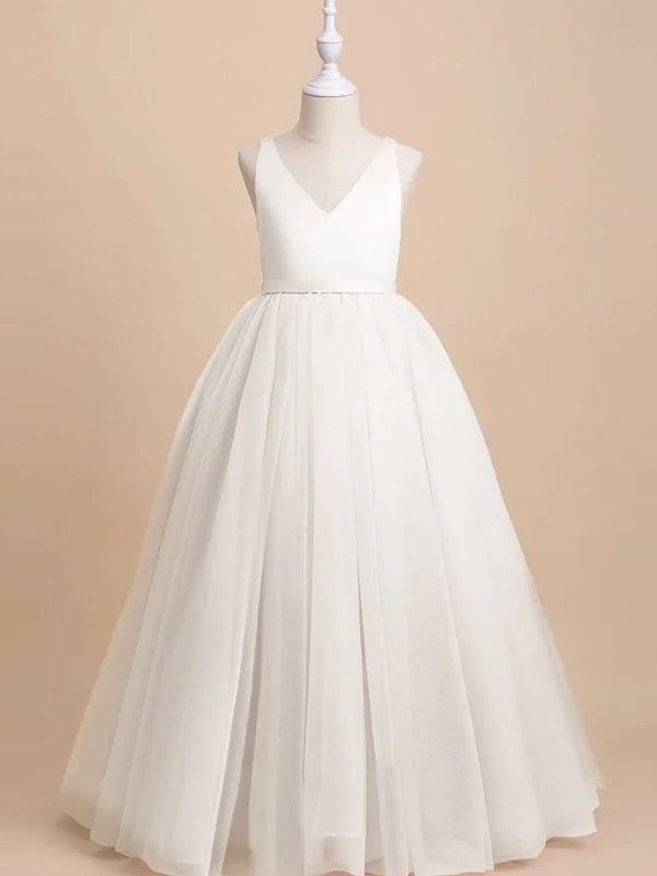 Robe de Demoiselle D'Honneur en Tulle Satiné Coupe A-Line/Princesse Sans Manches Longueur Au Sol avec Nœud(S)