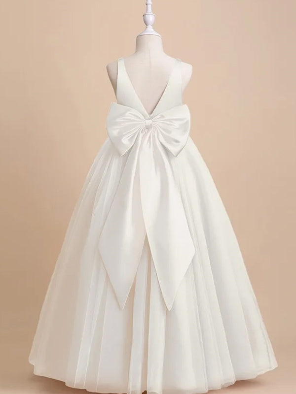 Robe de Demoiselle D'Honneur en Tulle Satiné Coupe A-Line/Princesse Sans Manches Longueur Au Sol avec Nœud(S)