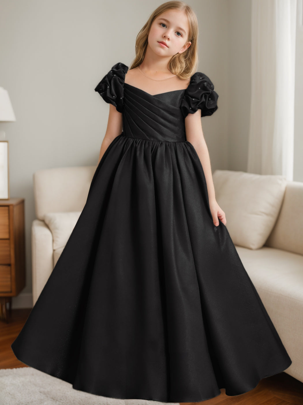 Robe de Demoiselle D'Honneur Trapèze/Princesse à Encolure Dégagée et Manches Courtes, Longueur Au Sol, avec Volants