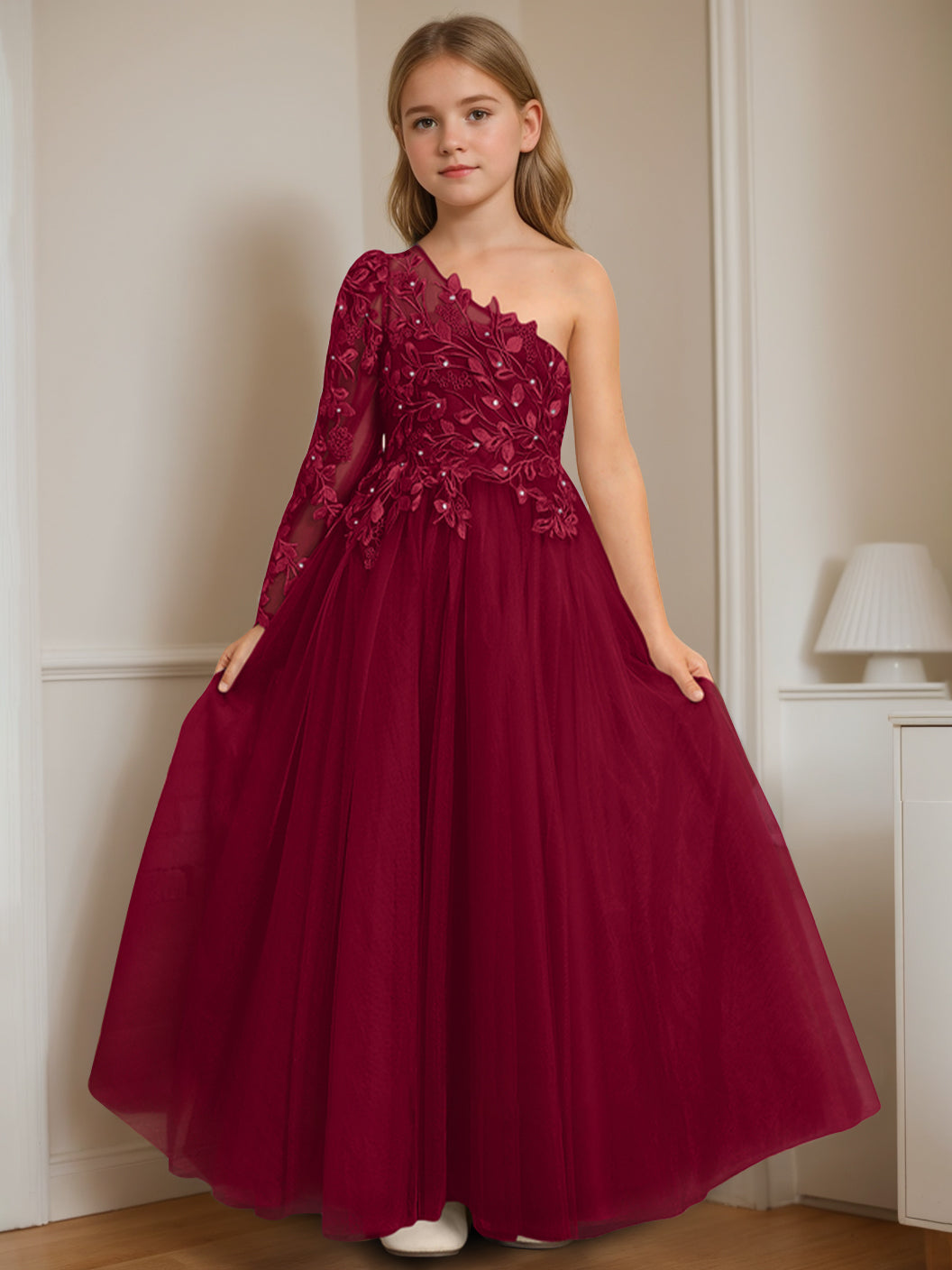 Robe de Demoiselle D'Honneur A-Line/Princess à Une Épaule et Longueur Au Sol avec Appliques