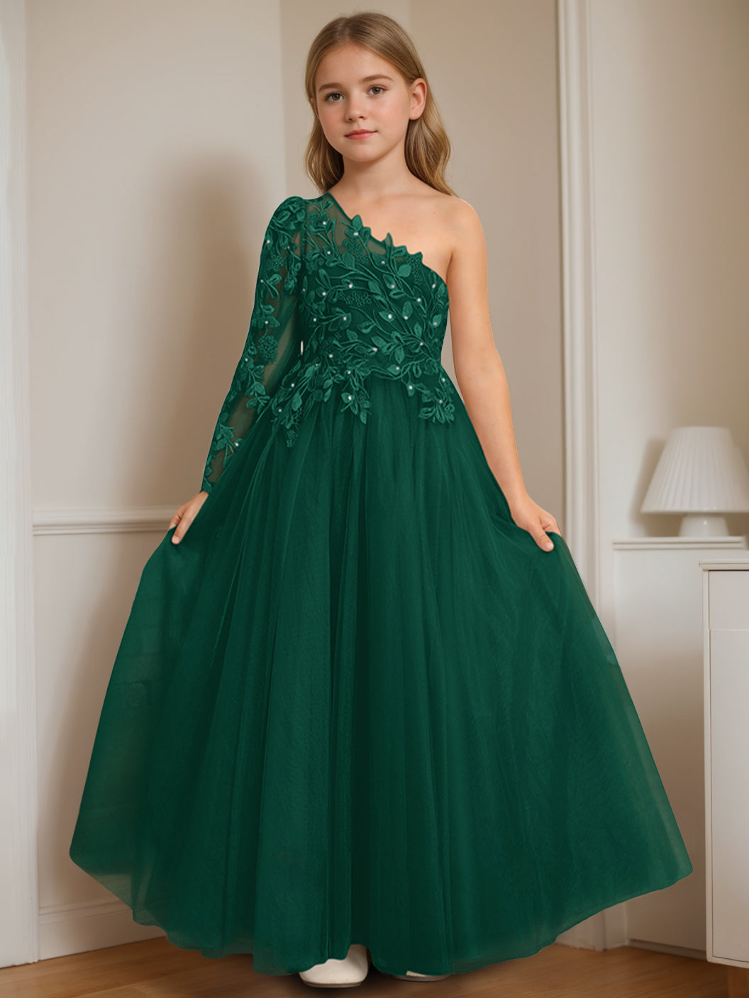 Robe de Demoiselle D'Honneur A-Line/Princess à Une Épaule et Longueur Au Sol avec Appliques