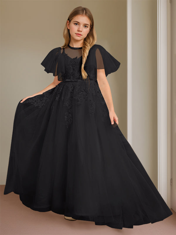 Robe de Bal à Col en V et Manches Courtes, Longueur Au Sol, avec Dentelle