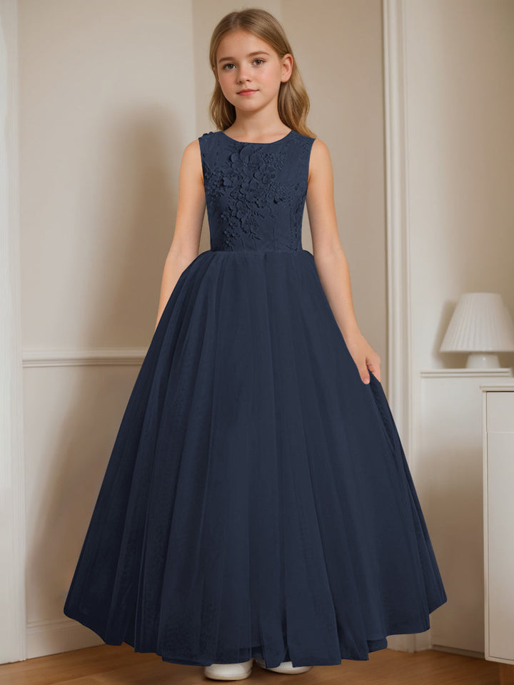 Robe de Demoiselle D'Honneur A-Line/Princess à Col Rond Sans Manches et Longueur Au Sol avec Appliques