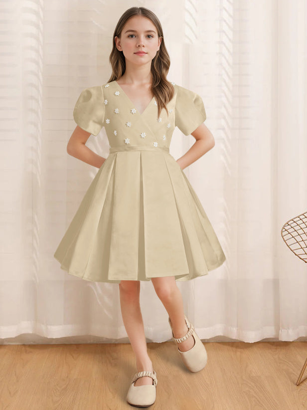 Robe de Demoiselle D'Honneur Coupe A-Line/Princesse, Col en V, Manches Courtes, Longueur Genou, avec Appliques