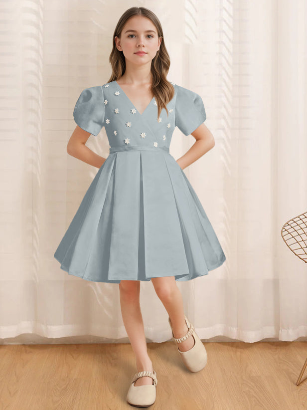 Robe de Demoiselle D'Honneur Coupe A-Line/Princesse, Col en V, Manches Courtes, Longueur Genou, avec Appliques