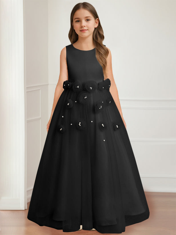 Robe de Demoiselle D'Honneur A-Line/Princess à Col Rond Sans Manches et Longueur Au Sol avec Motif Floral 3D